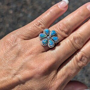 Handcrafted Zuni Flower Cluster Opal Sterling Silver Ring Native American Sz 8**